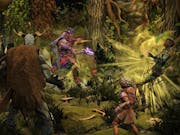 Gameplay of large mythical warrior creatures battling in a dark forest