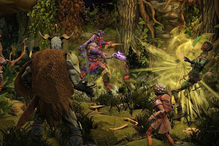 Gameplay of large mythical warrior creatures battling in a dark forest