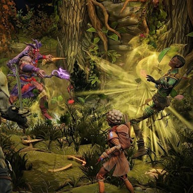 Gameplay of large mythical warrior creatures battling in a dark forest