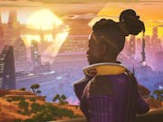 Animated gameplay of a young Black character with dreadlocks tied up in a bun looking out across a futuristic landscape