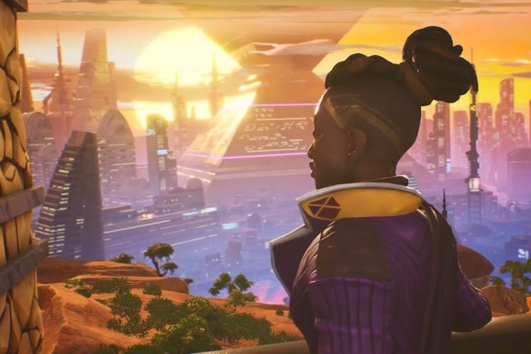 Animated gameplay of a young Black character with dreadlocks tied up in a bun looking out across a futuristic landscape