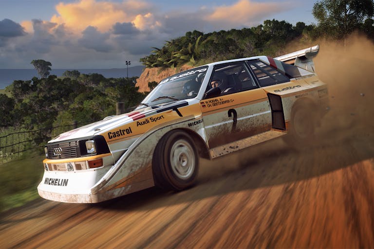 Gameplay of white and yellow race car sliding and drifting across a dusty road with thick trees in the background