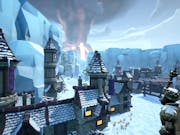 Gameplay of a medieval style town with stone building and a statue covered in snow with a large pillar or grey smoke in the background