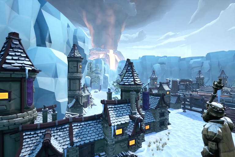 Gameplay of a medieval style town with stone building and a statue covered in snow with a large pillar or grey smoke in the background 