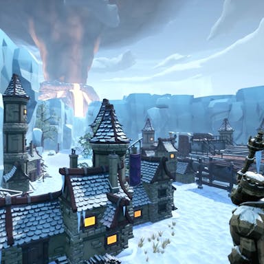 Gameplay of a medieval style town with stone building and a statue covered in snow with a large pillar or grey smoke in the background 