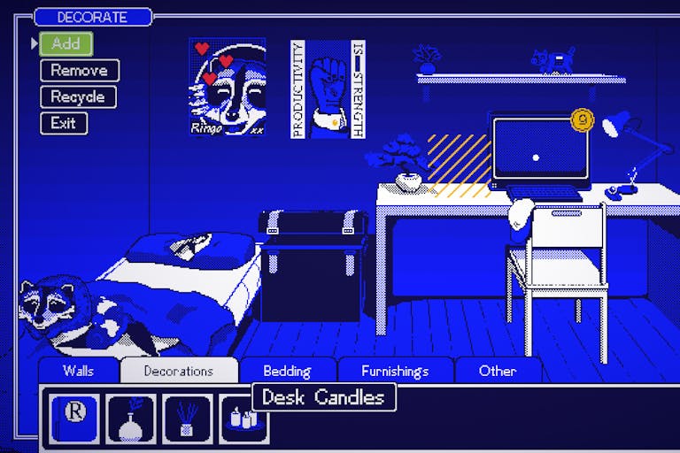 Pixel style game play of a bright blue bedroom with bed and desk, and commands to decorate or remove aspects of the space
