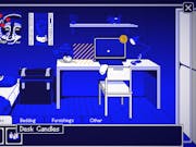 Pixel style game play of a bright blue bedroom with bed and desk, and commands to decorate or remove aspects of the space