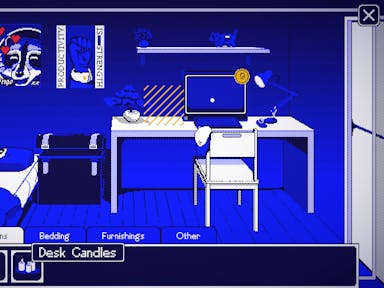 Pixel style game play of a bright blue bedroom with bed and desk, and commands to decorate or remove aspects of the space