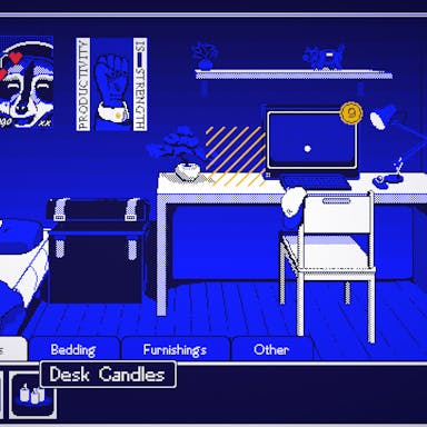 Pixel style game play of a bright blue bedroom with bed and desk, and commands to decorate or remove aspects of the space