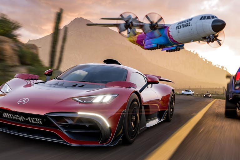 Video game image of a red sports car racing on a road with an aircraft flying very low above it.