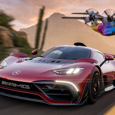Video game image of a red sports car racing on a road with an aircraft flying very low above it. 