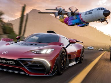 Video game image of a red sports car racing on a road with an aircraft flying very low above it. 