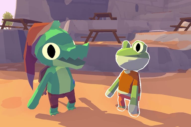 Computer game scene of a frog and an alligator