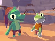 Computer game scene of a frog and an alligator