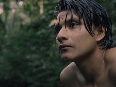 Young shirtless man looks into the distance in the rainforest