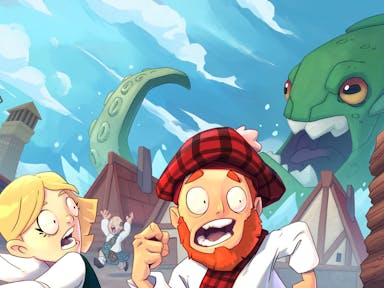 Cartoon animated gameplay of a blonde female character and a red-bearded Scottish male running away screaming from a green sea monster