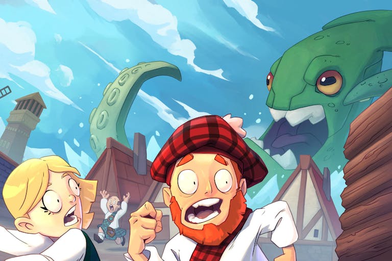 Cartoon animated gameplay of a blonde female character and a red-bearded Scottish male running away screaming from a green sea monster