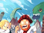 Cartoon animated gameplay of a blonde female character and a red-bearded Scottish male running away screaming from a green sea monster