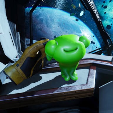 Gameplay of a floating armless yellow glove stroking a cute gelatinous green alien creature on board a spaceship 