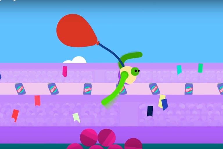 A green cartoon game figure with long arms is moving along a purple track of confetti and 'gulp' drink cans, with a red balloon in tow