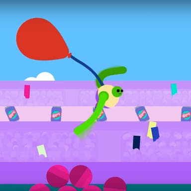 A green cartoon game figure with long arms is moving along a purple track of confetti and 'gulp' drink cans, with a red balloon in tow