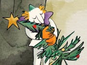 Animated in a painted drawn style of a toy clown hugging a small Christmas tree looking content