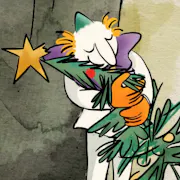 Animated in a painted drawn style of a toy clown hugging a small Christmas tree looking content
