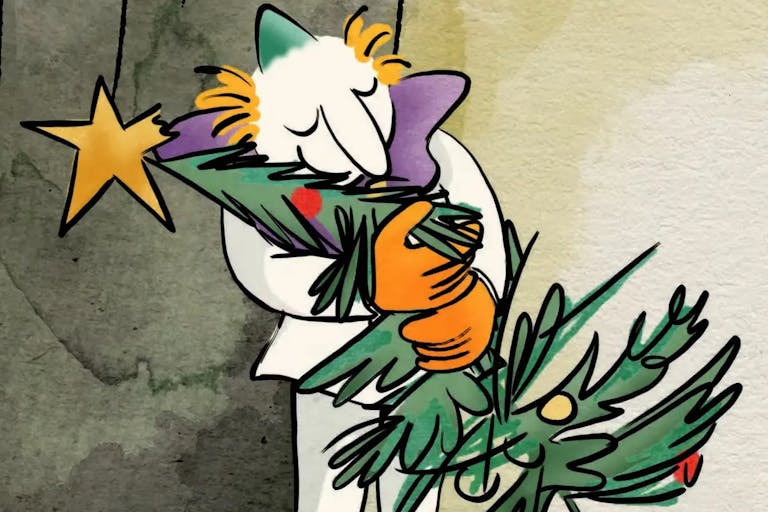 Animated in a painted drawn style of a toy clown hugging a small Christmas tree looking content