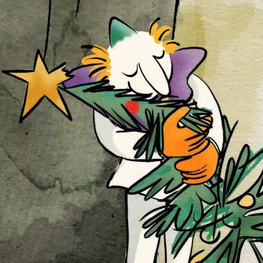 Animated in a painted drawn style of a toy clown hugging a small Christmas tree looking content