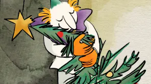 Animated in a painted drawn style of a toy clown hugging a small Christmas tree looking content
