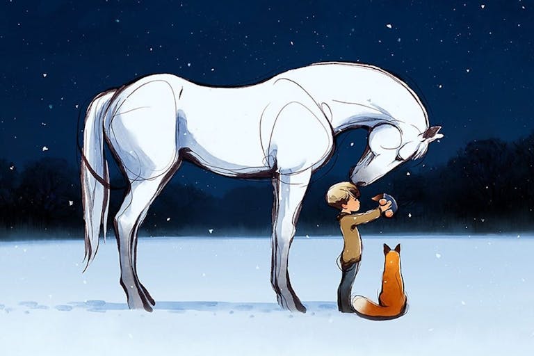 Animation of a white horse touching a little boy's head, a fox sitting beside them, it is a starry night sky and snow on the ground .