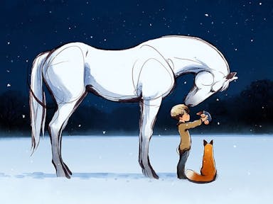 Animation of a white horse touching a little boy's head, a fox sitting beside them, it is a starry night sky and snow on the ground .