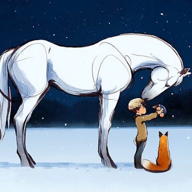 Animation of a white horse touching a little boy's head, a fox sitting beside them, it is a starry night sky and snow on the ground .