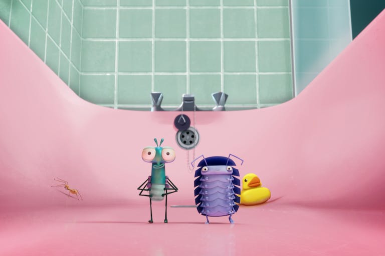 Animation of a green blue fly and a purple woodlouse standing in a pink bathtub with a yellow rubber duck and small spider on the background