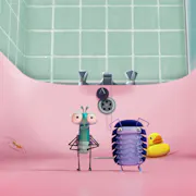 Animation of a green blue fly and a purple woodlouse standing in a pink bathtub with a yellow rubber duck and small spider on the background
