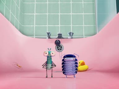 Animation of a green blue fly and a purple woodlouse standing in a pink bathtub with a yellow rubber duck and small spider on the background