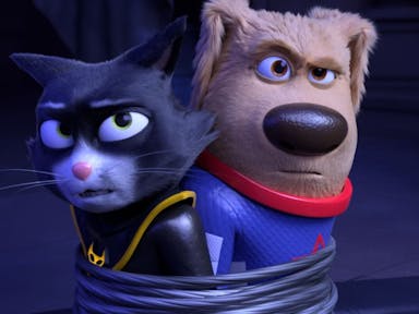 Animation of a black cat and light brown dog in superhero outfits tied together back to back