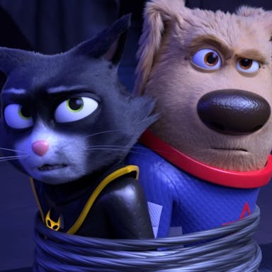 Animation of a black cat and light brown dog in superhero outfits tied together back to back
