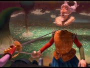 Cartoon animation of an old white male ghost wearing Elizabethan clothing and neck ruffle, a sword pointed at his neck and his head popped up detached in a comical fashion