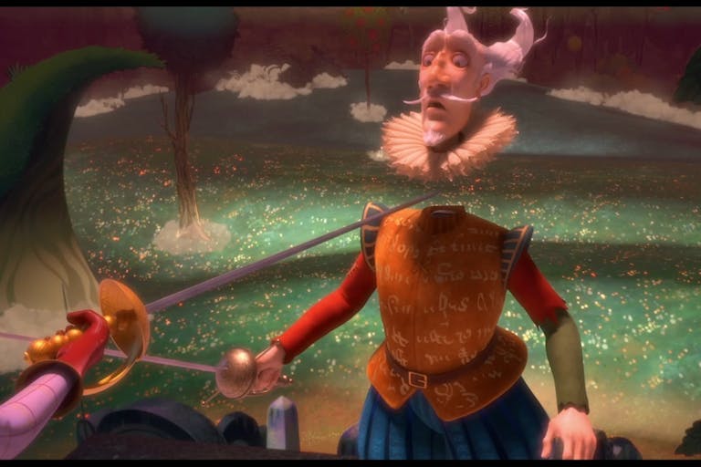 Cartoon animation of an old white male ghost wearing Elizabethan clothing and neck ruffle, a sword pointed at his neck and his head popped up detached in a comical fashion