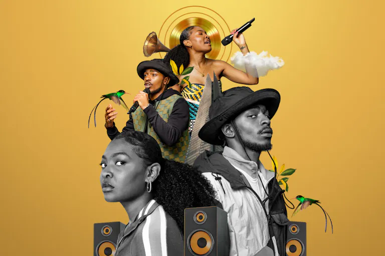 Images of a young Black woman and man in colour performing into a microphone, and black and white images of them looking determined