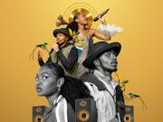 Images of a young Black woman and man in colour performing into a microphone, and black and white images of them looking determined