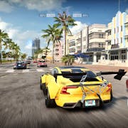 Video game image of a bright yellow sports car racing through a city street lined with palm trees.