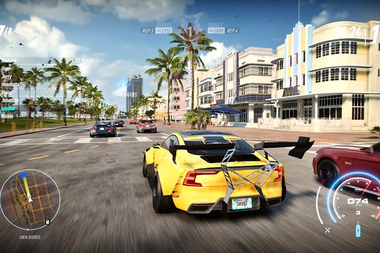 Video game image of a bright yellow sports car racing through a city street lined with palm trees. 