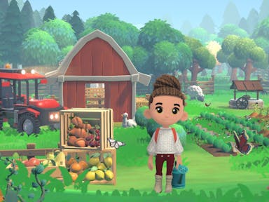 Gameplay of characters in an animated farm setting with rows of crops a barn and tractor