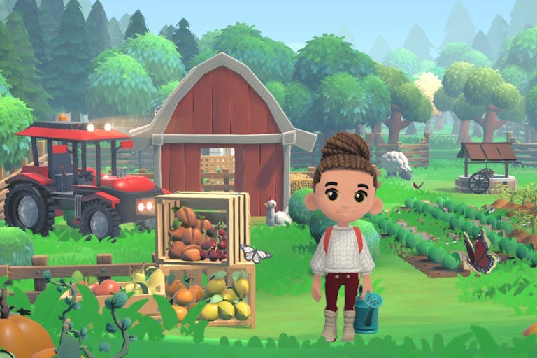 Gameplay of characters in an animated farm setting with rows of crops a barn and tractor