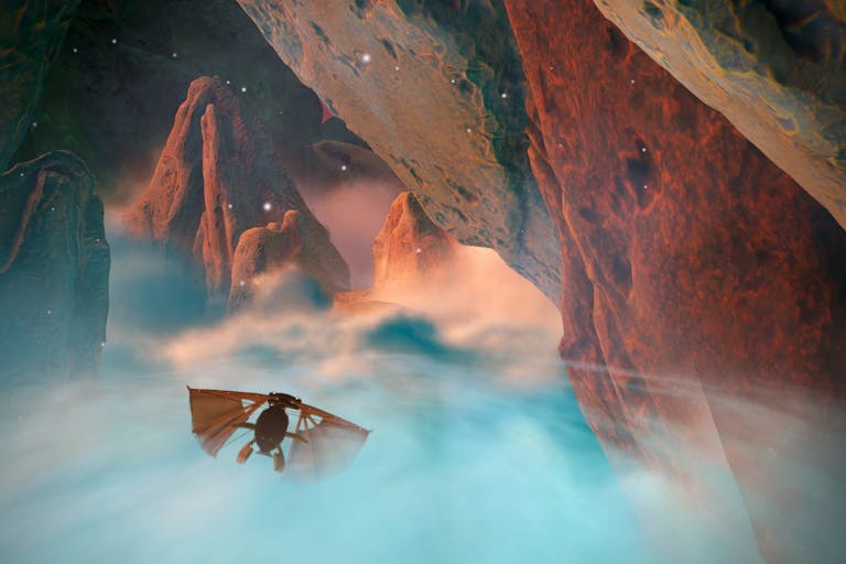 Gameplay of a beautiful mystic space setting, of a basic flying vehicle amongst wispy clouds and large galactic rock mountains