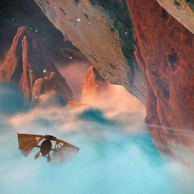 Gameplay of a beautiful mystic space setting, of a basic flying vehicle amongst wispy clouds and large galactic rock mountains
