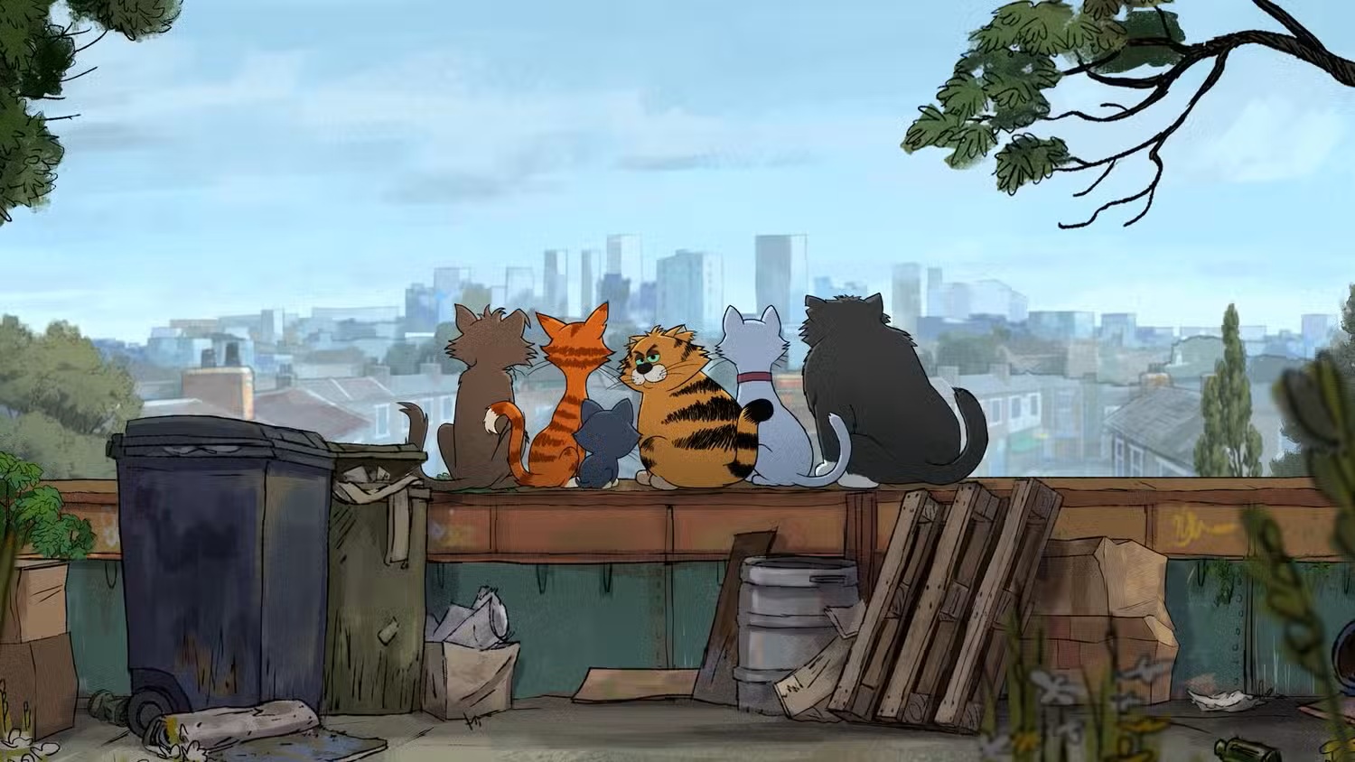 2D animation of different coloured cats sitting on the ledge looking away, while one looks over its shoulder with a mischievous look