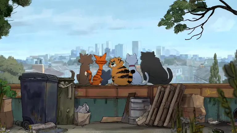 2D animation of different coloured cats sitting on the ledge looking away, while one looks over its shoulder with a mischievous look